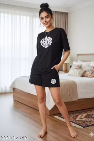 Rakshit night suit black print good vibes